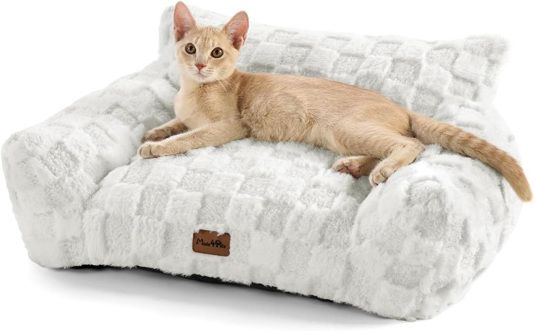 Made4Pets Cat Beds for Indoor Cats, Cat Couch Bed, Soft Faux Fur Checkered Pet Sofa, Calming Fluffy Kitten Sofa with Supportive Foam, Removable Washable Cover with Non-Slip Base, White, Small (26x20x10'')