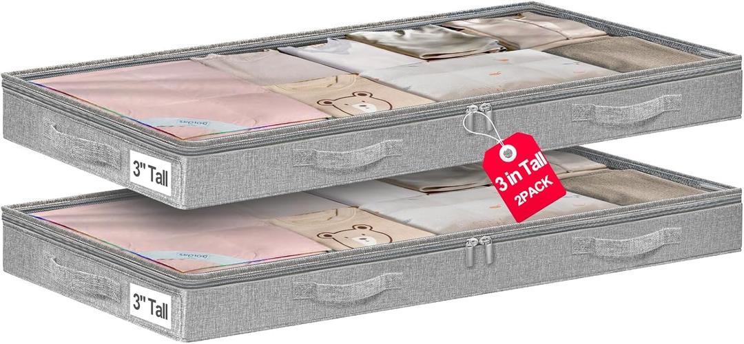 3 Inch Low Profile Under Bed Storage Bins with NO STURCTURE Design, Shallow Clothes Storage Bags with Clear Lids & Waterproof Fabric, 2-Pack, Grey  Fits Under Sofa, Couch, Dorm, or College Beds
