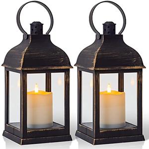 Yongmao Vintage Lantern Decorative LED Flickering Flameless Candle with Timer, Battery Powered LED Decorative Hanging Golden Brushed Black Lanterns for Indoor Outdoor Garden Yard Home Decor(2 Pack)
