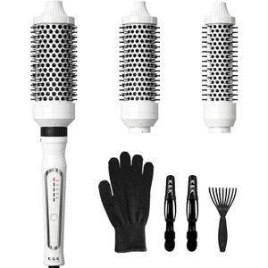 K&K 3 In 1 Thermal Brush Set, Ceramic Hot Brush, Fast Heating Curling Wand for Short, Medium & Long Hair, 5 Temperature Adjustment, Dual Voltage