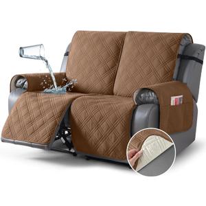 TAOCOCO 100% Waterproof Loveseat Recliner Cover, Non Slip Split Recliner Couch Cover with Elastic Straps, Washable Reclining Sofa Cover Furniture Protector for Kids, Pets(2 Seater, Brown)