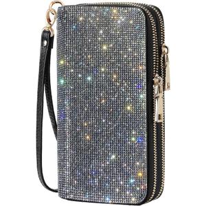 Women's Rhinestone Large Capacity Double Zipper Wristlet Clutch Purse Party Wallet Card Phone Holder (White Diamond)