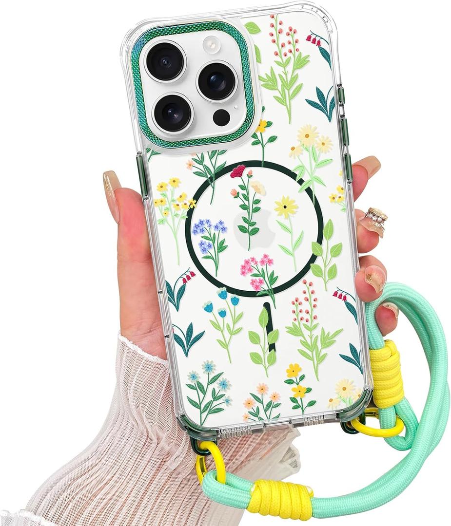 AIGOMARA Magnetic for iPhone 16 Pro Case [Compatible with MagSafe] Clear Floral Flower Pattern Phone Case with Wrist Strap Lanyard, Slim Shockproof Cover for Girls Women, Green