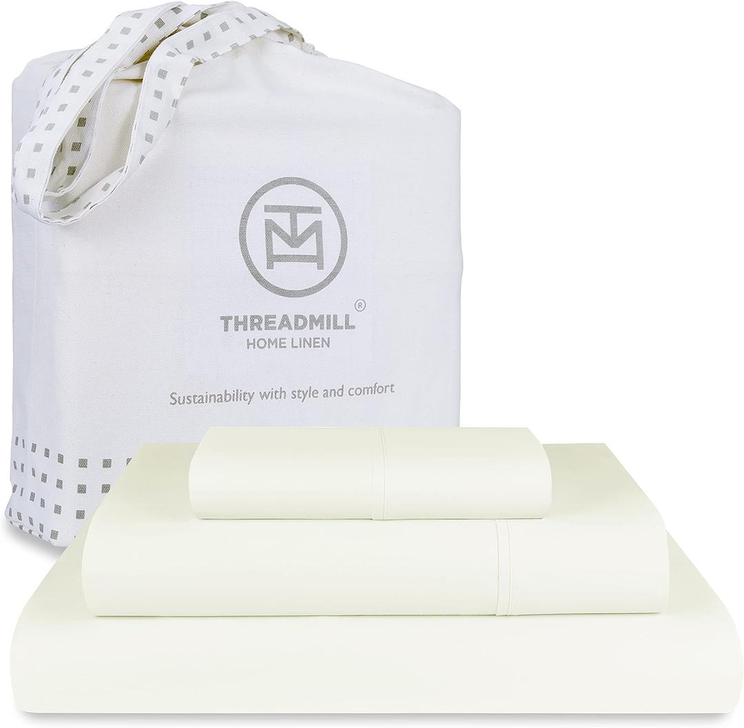 Threadmill 100% Cotton Sheets for Twin XL Size Bed - 600 Thread Count Twin XL Bed Sheets Set with 15 Deep Pocket - Sateen Weave 3-Piece Bedding Set with Cooling Effect, Ivory