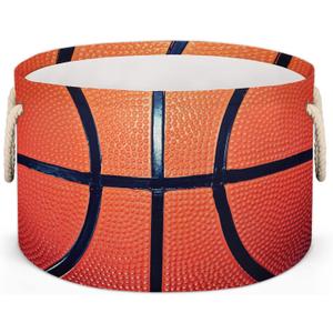 Pardick Large Round Storage Basket Sport Ball Basketball Collapsible Circle Storage Bin Laundry Hamper With Handle for Kids Toy Blanket Dirty Clothes Towel Living Room Nursery Storage Organizer (A02: Basketball Funny)