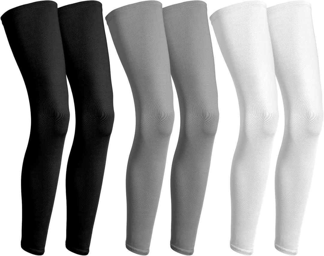 Geyoga 3 Pairs Compression Leg Sleeves Full Length Long Knee UV Protection Sleeves for Outdoor Sports Cycling Football (X-Large, Black, White, Grey)