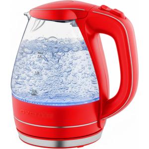 OVENTE Electric Kettle, 1.5L Borosilicate Glass Countertop Water Heater and Boiler for Coffee or Tea, BPA-Free, Auto Shut-Off, Boil-Dry Protection, Removable and Washable Spout Filter, Red KG83R