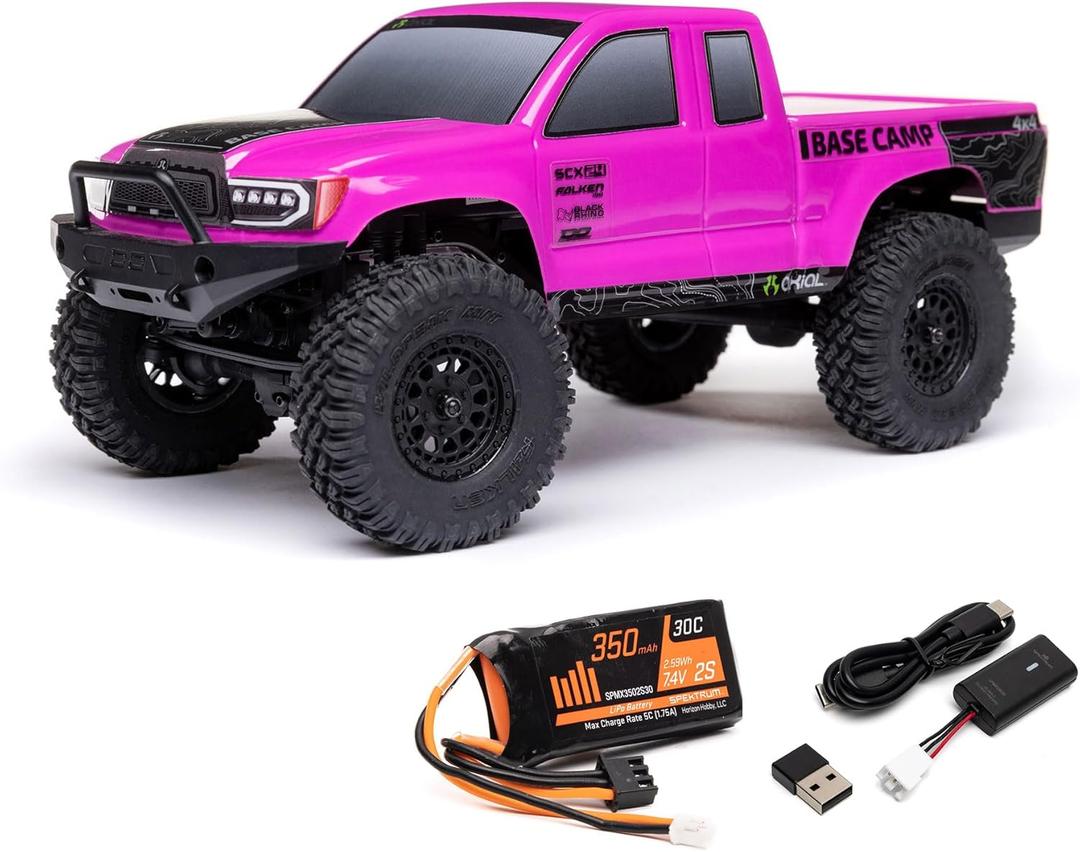 Axial RC Truck 1/24 SCX24 Base Camp 4x4 Rock Crawler Brushed RTR (Everything Needed to Run is Included) - Pink, AXI-1219T3