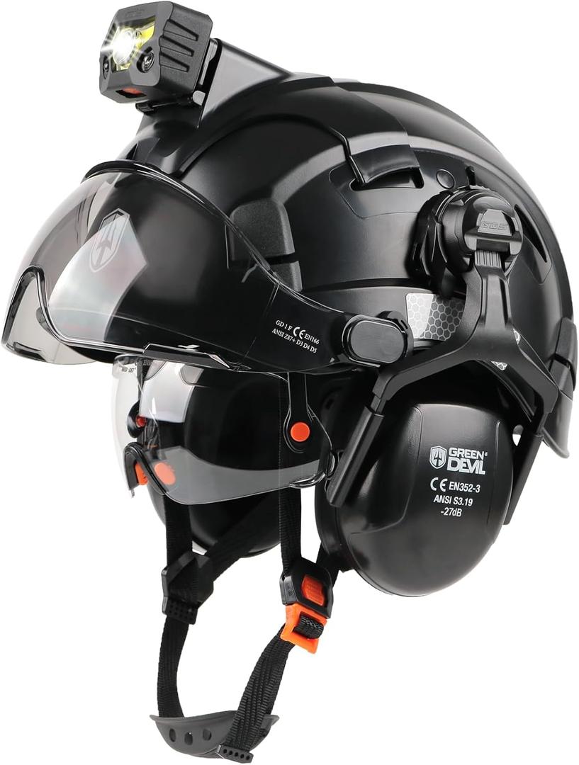 GREEN DEVIL Hard Hat Safety Helmet with Rechargeable Headlamp Light and Visor Ear Muffs Vented Work Hardhat ANSI Z89.1 Cascos De Construccion for Industrial Construction Forestry (Black)