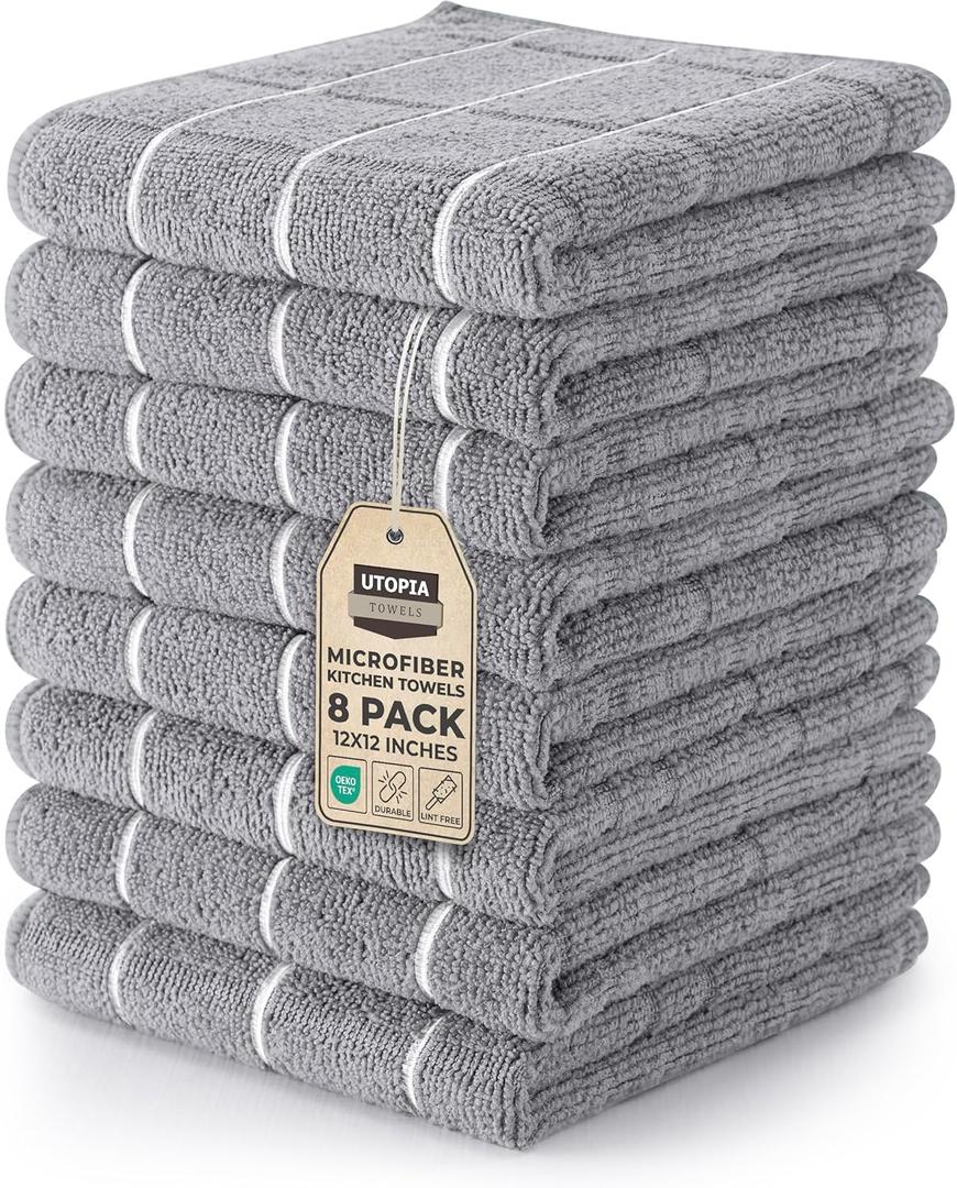 Utopia Towels 8 Pack Kitchen Towels Set, 12x12 Inches, Highly Absorbent and Super Soft Microfiber Towels, Ideal for Cleaning Dishes, Pans, Grey