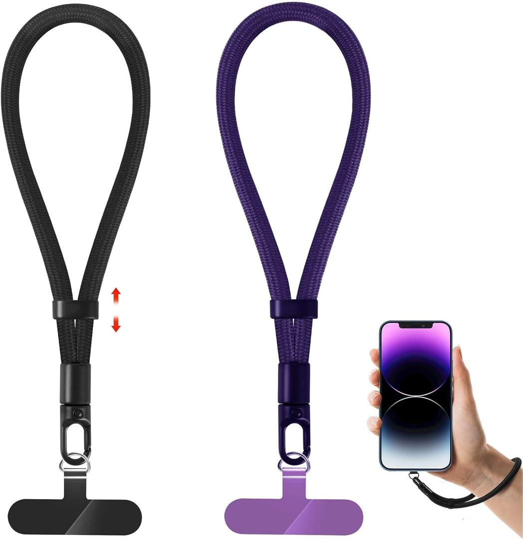 knIykmr Phone Lanyard, 2 Pack Adjustable Cell Phone Lanyard Strap, Hand Wrist Strap Lanyard with Tether Tabs for Smartphones (Black+purple)