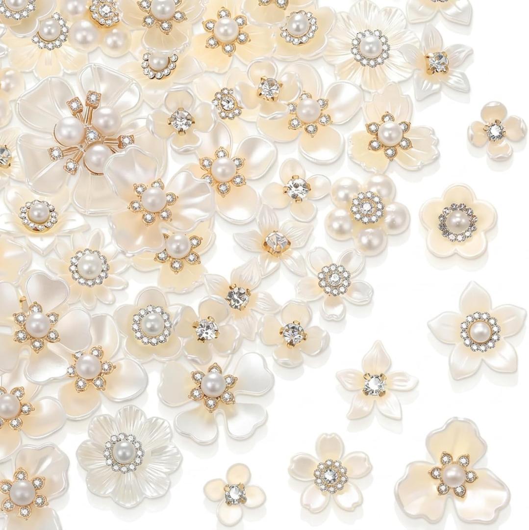 Rhinestone Buttons Faux Pearl Buttons Flat Back Flower Embellishments for Jewelry Making DIY Craft Wedding Hair Bouquet Home Decoration Party Accessory (Floral, White)