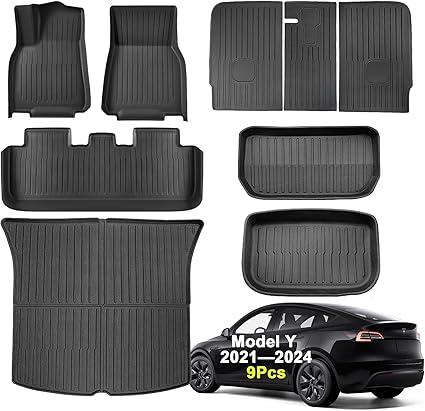 SUPER LINER Tesla Model Y Floor Mats 2021-2024 | Custom Fit All-Weather 9-Piece Set TPE Material |Full Coverage Floor Mats Back Seat Protector, Cargo Liner, Trunk & Interior Accessories