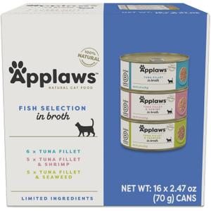 Applaws Natural Wet Canned Cat Food, Limited and Natural Ingredients, High Protein with No Artificial Additives, Fish Selection Variety Pack in Broth (16 x 2.47oz Cans) (EXP 05/31/28)