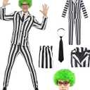 Mltao Black White Vertical Striped Suit 4pcs Set Jacket Pants Tie Wig Adult Teens Costume Halloween Party Dress Up Outfit (X-Large)