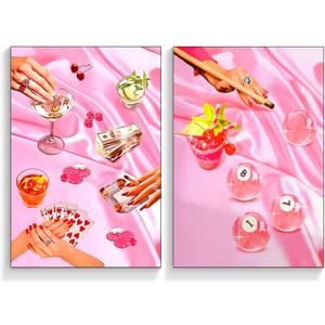 2pcs Vintage Pink Poker Playing Cards Wall Art Funky Cocktail Dice Canvas Wall Decor Trendy Retro Champagne Alcohol Drinks Print Posters Aesthetic Funny Cute Preppy for Living Room Bedroom Unframed (24"Hx16"W)