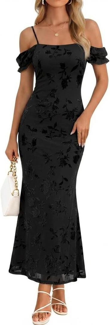 MEROKEETY Women's 2026 Summer Off The Shoulder Spaghetti Strap Floral Mesh Wedding Guest Cocktail Formal Party Maxi Dresses (Black, L)