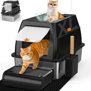 SZEE XL Stainless Steel Litter Box with Lid, Extra Large Metal Covered Litter Box, Stainless Box Easy Clean, Activated Charcoal Odor Control Design, Includes Litter Scoop & Mat & Step, Black