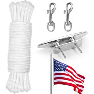 50Ft Flag Pole Rope Kit, Flagpole Hardware Accessories Replacement Kit- Flag Pole Rope, Stainless Steel Swivel Snaps Hooks, 6 in Cleat