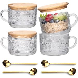 Vintage Coffee Mugs 4pcs Set, Clear Embossed Tea Cups with Bamboo Lids and Spoons, 14 Oz Glass Coffee Cups, Cute Coffee Bar Accessories, Iced Coffee Glasses, Ideal for Cappuccino, Latte (Transparent)