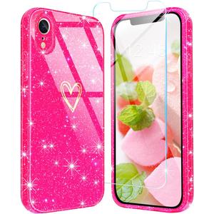 2 x Qviskteme for iPhone XR Case,with [1 x Tempered Glass Screen Protector] [Clear Glitter] Cute Bling Sparkly Phone Case Shockproof Protective Slim Soft Silicone Cover for Women Girls,6.1-Inch(Hot Pink)
