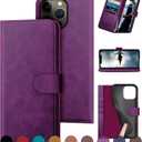 DuckSky for iPhone 15 Pro 6.1" Genuine Leather Wallet case 【RFID Blocking】【4 Credit Card Holder】【Real Leather】 Flip Folio Book Phone case Protective Cover Women Men for Apple 15 Pro case Purple