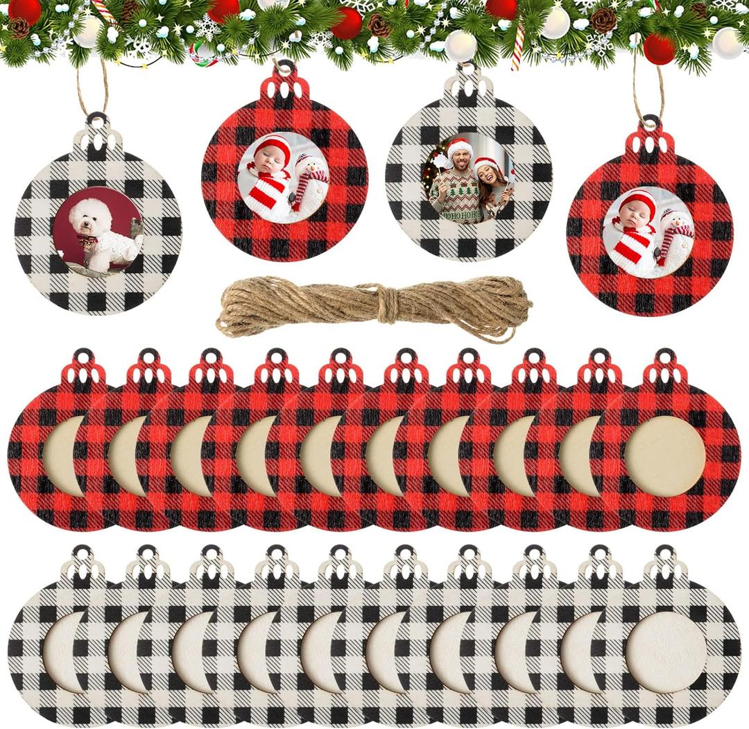 3 x 24 Pieces Wooden Christmas Picture Frame Ornaments with Twine, Buffalo Plaid Picture Frames Round Photo Frame Ornaments Xmas Family Tree Picture Frame for Xmas Holiday Party Decoration Supplies (Assorted Color)