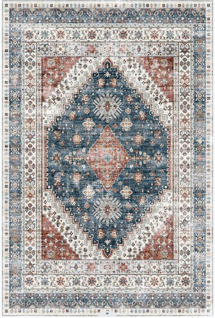 Large-size Rug for Living Room-Washable Area Rugs 8' x10' for Bedroom, Ultra-Soft Non-Shedding Faux Wool Vintage Design Boho Low Pile Mat rugs,Stain Resistant Rugs with Non-Slip Backing（Dark Color）
