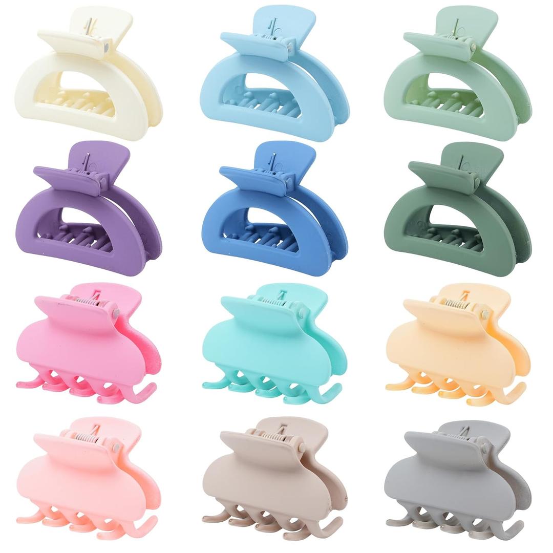 2 x 12 Pcs Matte Mini Hair Clips for Women & Girls - Plastic Claw Clips for Thin Hair (Semicircle - Blue, Purple, Green, White, Pink, Yellow, Gray, Brown)
