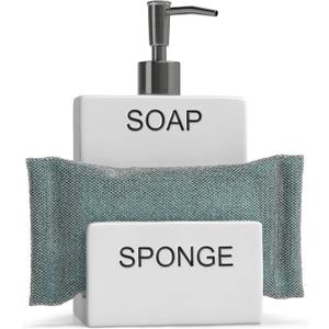 Barnyard Designs Ceramic Soap Dispenser with Sponge Holder - Farmhouse Kitchen Decor, Rustic Ceramic Soap Dispenser with Sponge Holder for Kitchen Sink Countertop, 4" x 7.5" (White)