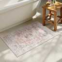 Uphome Boho Bathroom Rugs, Distressed Farmhouse Blush Pink Bath Mat, Comfy Velvet Small Bath Rugs Non Slip Washable, Vintage Oriental Toilet Rug for Sink Shower Vanity, 20x32 inch