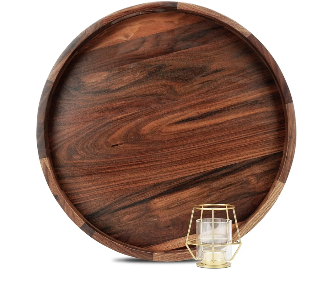 18 Inches Extra Large Round Black Walnut Wood Ottoman Tray with Handles, Serve Tea, Coffee or Breakfast in Bed, Classic Circular Wooden Decorative Serving Tray