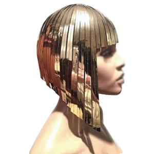 Short Bob Hair Wigs Straight Flat Bangs Mirror Holographic Space Metallic Bright Gold Silver Glitter Hair Wig Science Fiction Perform Cosplay Costume Carnival Theme Party Halloween for Women