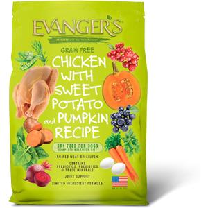 Evanger's Grain Free Chicken with Sweet Potato & Pumpkin Dry Food for Dogs  16.5 lb Bag  Deboned Chicken, Omegas 3 & 6, Probiotics  All Life Stages Formula (EXP 02/11/27)