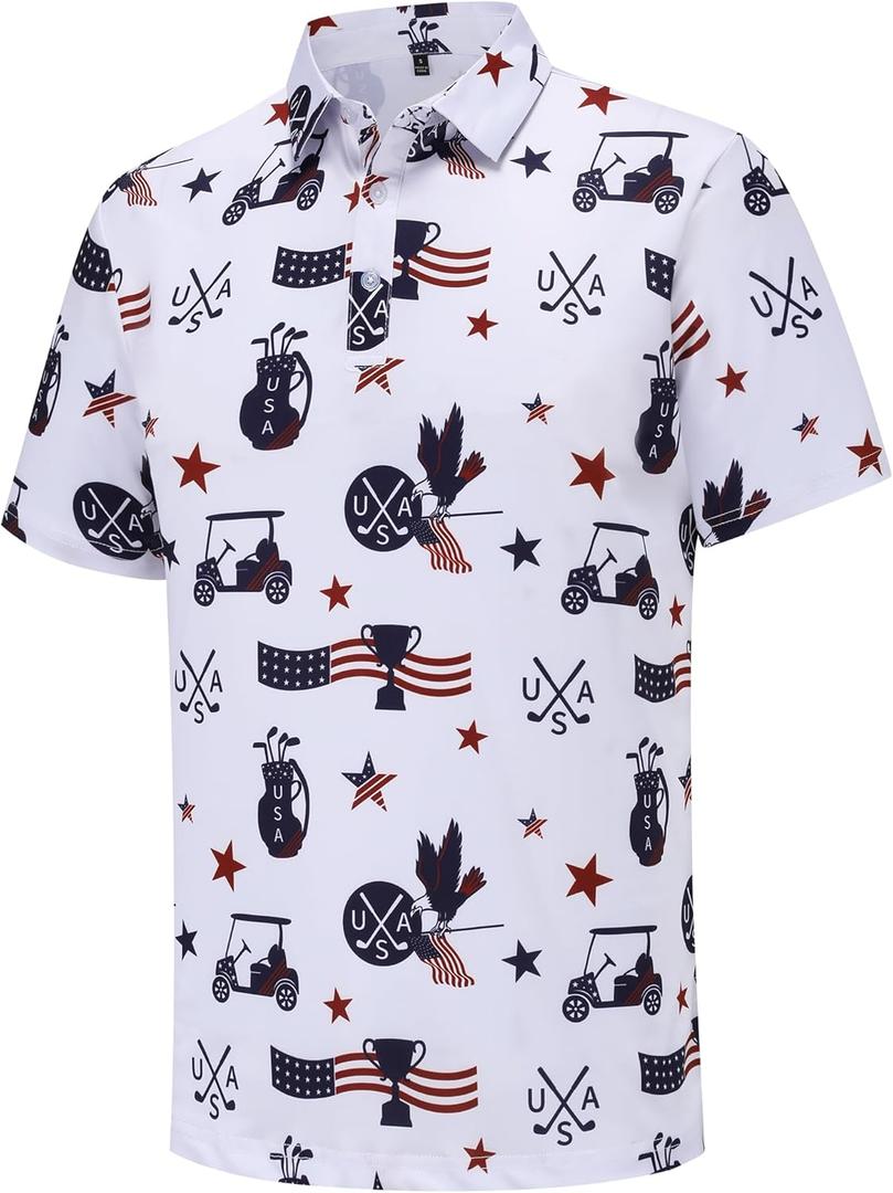 Mens Golf Polo Shirts Short Sleeve Performance Moisture Wicking Dry Fit Casual Print Funny Golf Polo Shirts for Men (L)