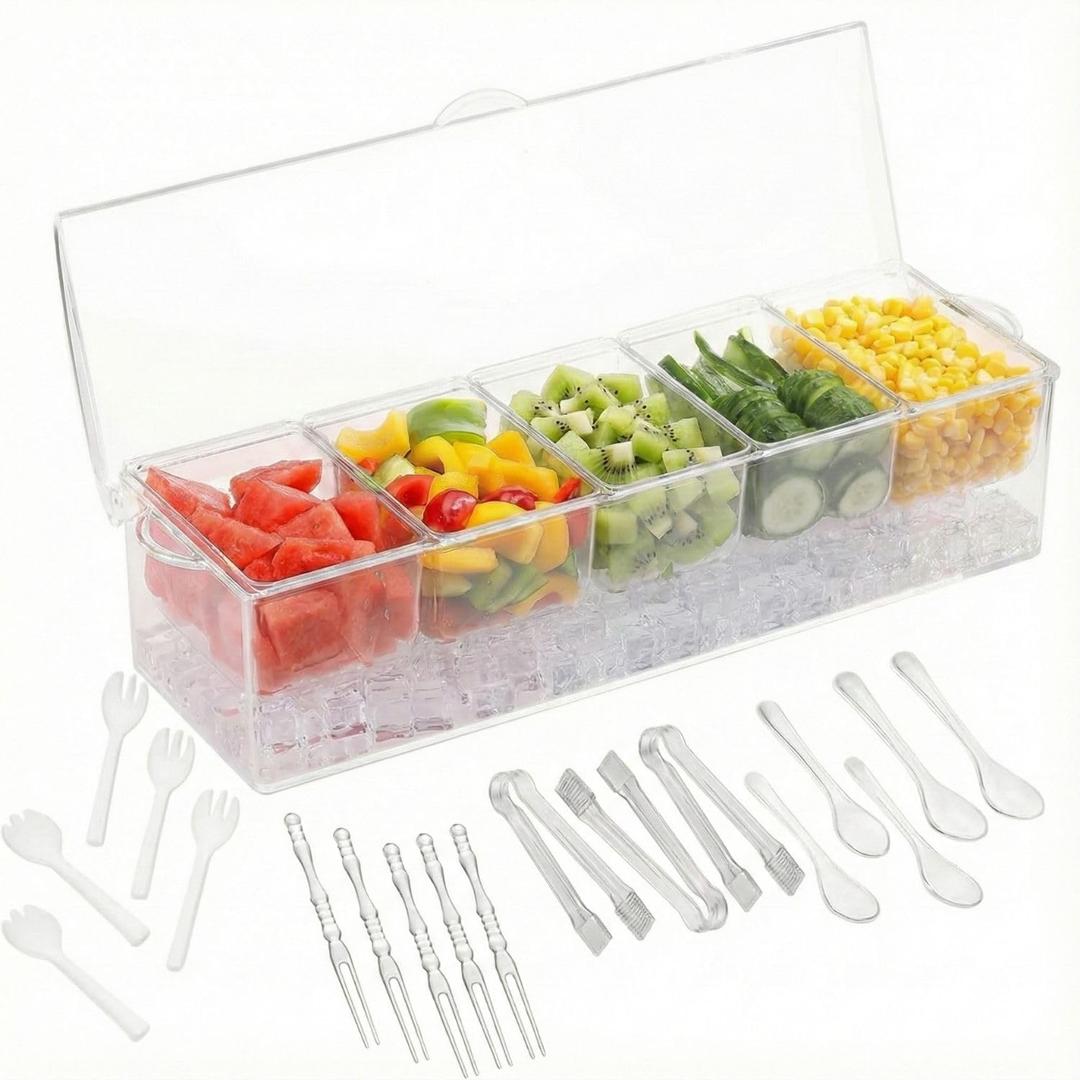 Ice Chilled Condiment Server with Lids  Includes 19 Serving Accessories (Tongs, Spoons, Forks)  5 Compartment Fruit & Veggie Tray for Parties, Taco Bar, Picnics & Outdoor Entertaining