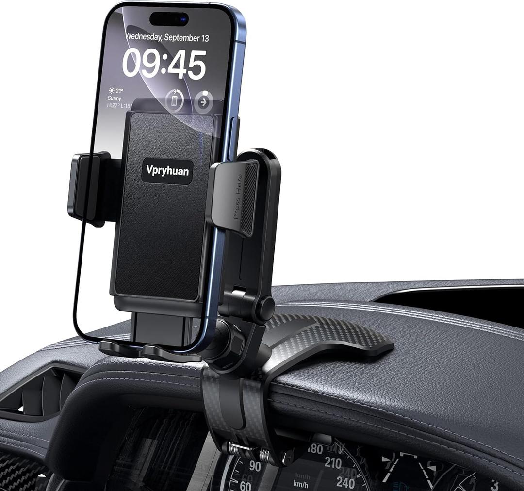 Vpryhuan Dashboard Car Phone Holder Mount with Anti-Drop Clip - 360 Rotation Multifunctional Cell Phone Holder Car for iPhone, Samsung, Google and 4-7" Cellphones (Black)