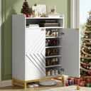 ONBRILL Shoes Cabinet for Entryway,6-Tier Shoe Storage Cabinet with Hombus Line Doors and Adjustable Shelves, Wooden Shoes Rack Modern Shoe Storage Organizer for Hallway, Living Room, White & Gold