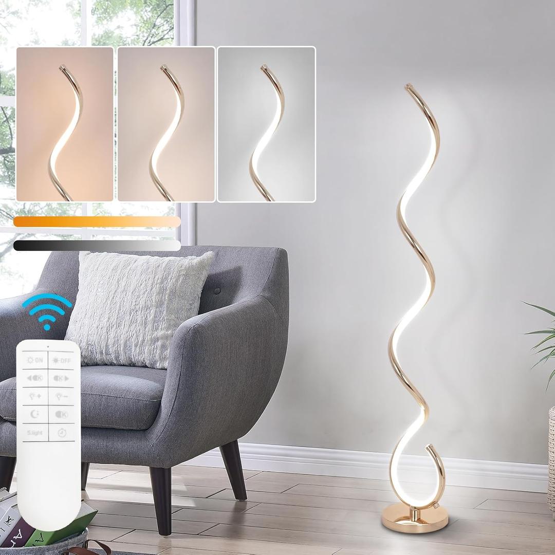 Modern Spiral Floor Lamp for Living Room, Bedroom & Office - 3 Color Temperature LED with Remote & Foot Switch, Dimmable 48W (Gold)