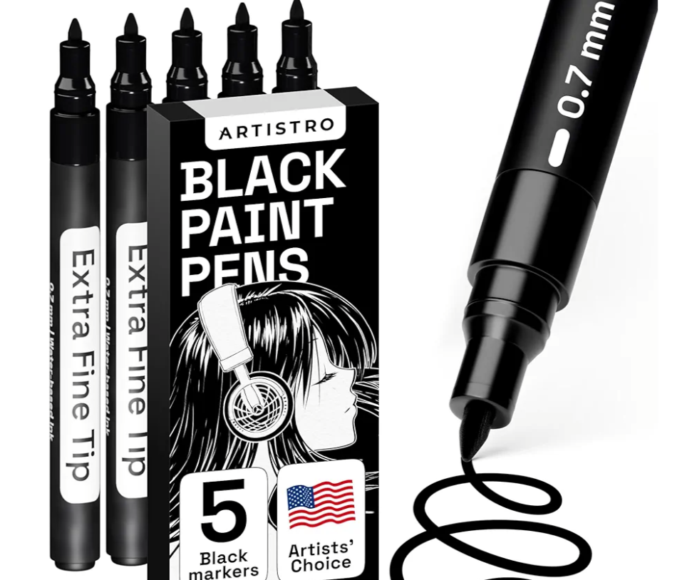 ARTISTRO Black Paint Pens for Rock Painting, Stone, Ceramic, Glass, Wood, Tire, Fabric, Metal, Canvas. Set of 5 Water Based Black Markers for Acrylic Painting Extra Fine Point Tip