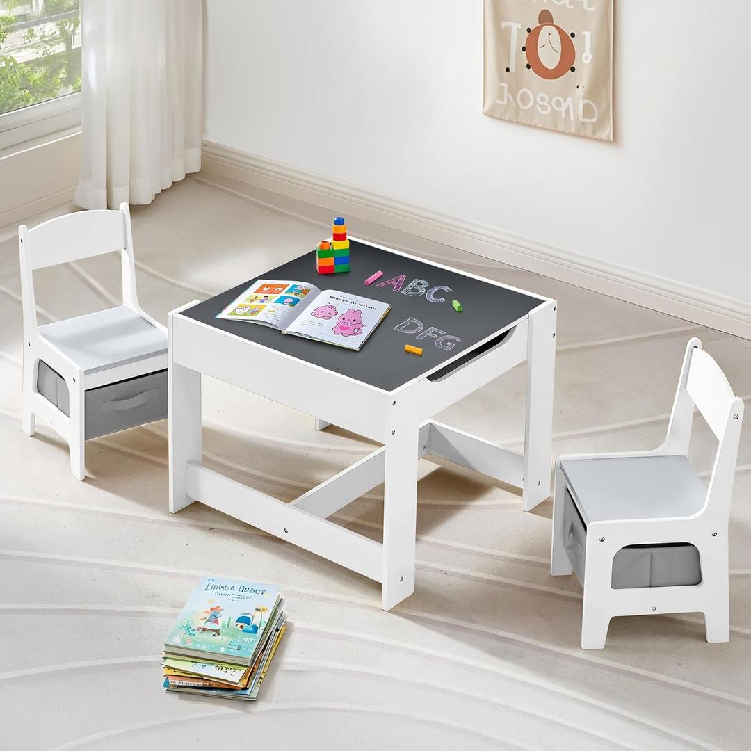 Kids Table and Chairs Set, 4 in 1 Wooden Kids Table with Reversible Tabletop, Children Activity Table with Removable Tabletop Storage, Toddler Table and Chair Set for Home, Nursery, Playroom (Grey)