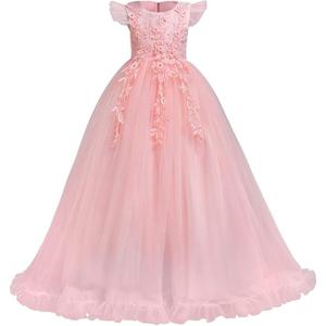 Flower Girls Maxi Dress Bridesmaid Wedding Pageant Party Princess Communion Floral Boho Vintage Lace Dance Gown, Size 160