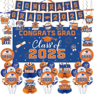 2025 Graduation Decorations-Class of 2025 Decorations Set with Congrats Grad Backdrop,Banner,Honeycomb Centerpiece and Balloons for Blue Orange Graduation Party Supplies