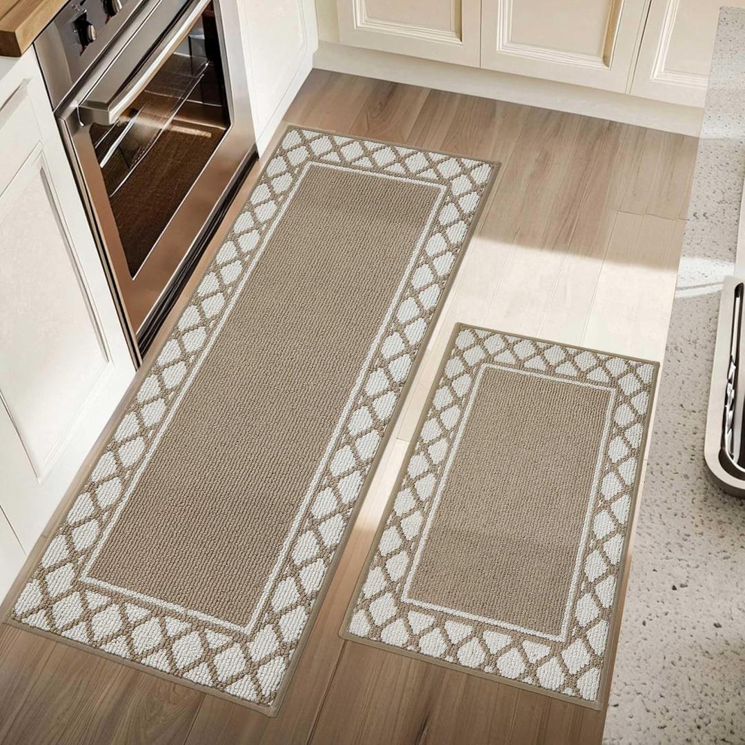 COSY HOMEER Washable Kitchen Rugs Sets of 2 Non-Slip Kitchen Mats for Floor Absorbent Kitchen Runner Rug for Kitchen Carpet,Sink Mat and Laundry, 20"x30"+20"x48",Taupe