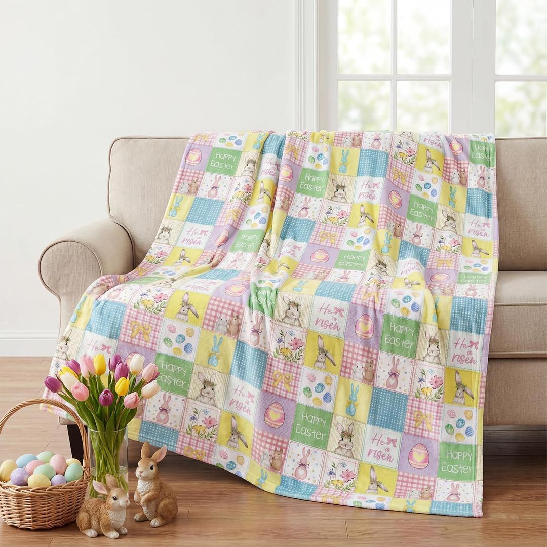 Horaldaily Easter Flannel Blanket Throw, Colorful Easter Eggs Plaid Loves Wave Point Knots Soft Fuzzy Plush Cozy Fleece Blankets for Couch Sofa Bed Lounging, Ideal Gifts for Kids Adults Self, 50x60 (Yellow)