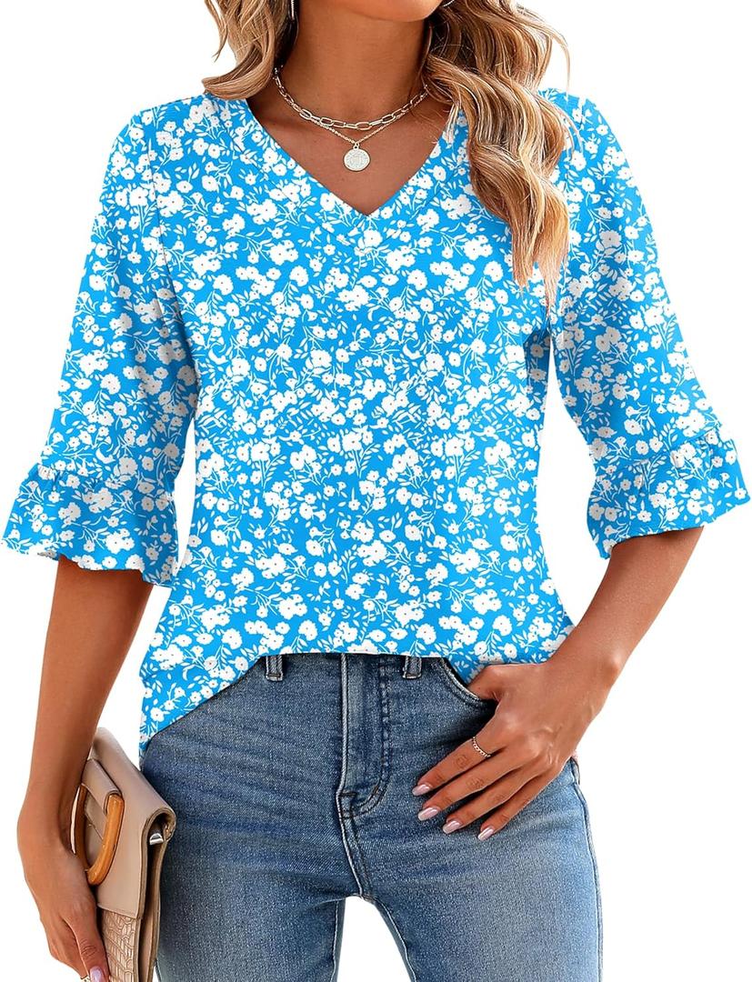LOMON 3/4 Length Sleeve Womens Tops Summer V-Neck Blouses Spring Ruffle Sleeve Tunic T-Shirts Dressy Casual (Large, Blue White Floral)