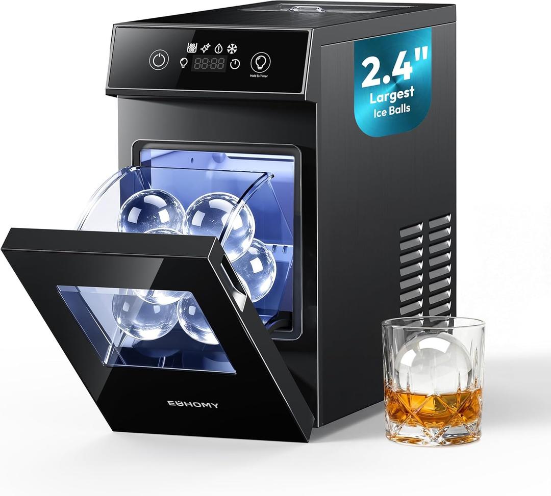 EUHOMY 2.4" Ice Ball Maker Countertop, 2Pcs Ready in 60Mins, 48Pcs/Day, 8H Timer, Self-Cleaning Sphere Ice Maker Machine with Crystal Clear Ice, Round Ice Cube Maker for Whiskey & Bourbon (Black)