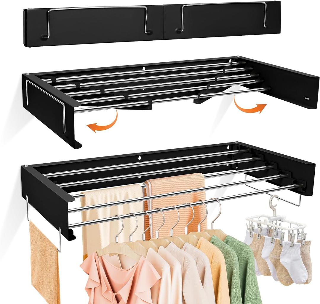Wall Mount Drying Rack 32", 65LBS Retractable Clothes Rack, Black