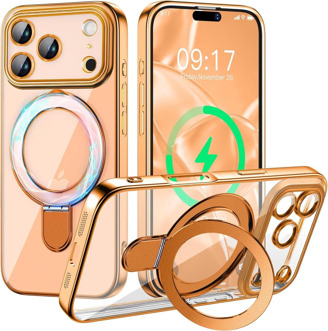 Magnetic for iPhone 17 Pro Max Case with Invisible Stand[Compatible with MagSafe][Full Camera Lens Protector][Military Drop Protection] Shockproof Not Yellowing Clear Slim Soft for Women Men (Orange)