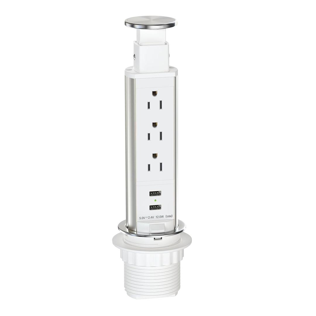 Pop Up Outlet for Countertop, Receptacle Power Strip with 3 AC Outlet 2 USB Ports, Pull Pop Up Power Socket Outlet, 2.5" Hole Recessed Outlet for Kitchen Counter Conference Desk Office, White